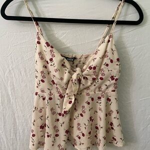 Women’s small front tie camisole tank top cream with purple floral design